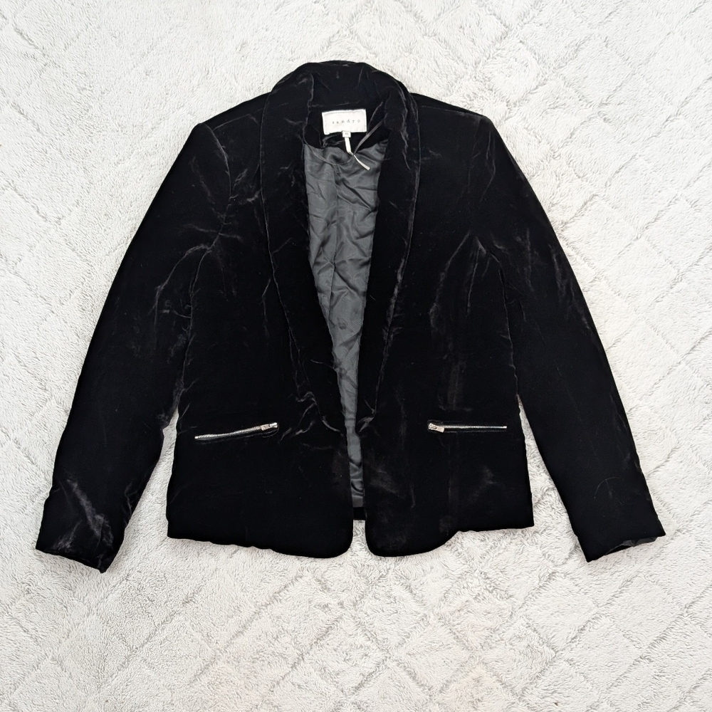 Sandro Jacket Womens 40 Black Velvet Blazer Business Office Moto Schoolboy